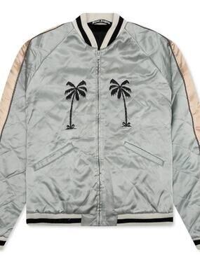 Palm Angels Men's Embroidered Souvenir Bomber Jacket Silver Beige Black L